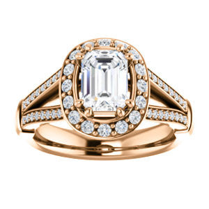 Cubic Zirconia Engagement Ring- The Shaundra (Customizable Emerald Cut with Halo, Cathedral Prong Accents & Split-Pavé Band)