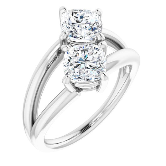 10K White Gold Customizable Two Stone Double Cushion Cut Design with Split Bypass Band