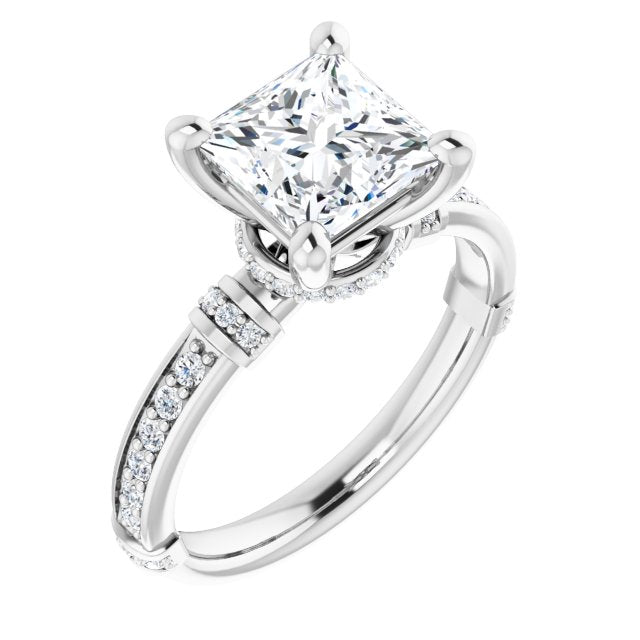 10K White Gold Customizable Princess/Square Cut Style featuring Under-Halo, Shared Prong and Quad Horizontal Band Accents