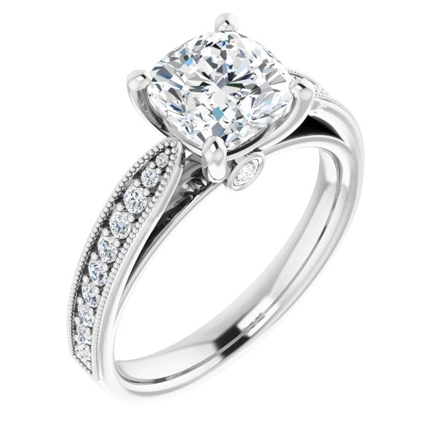 10K White Gold Customizable Cushion Cut Style featuring Milgrained Shared Prong Band & Dual Peekaboos