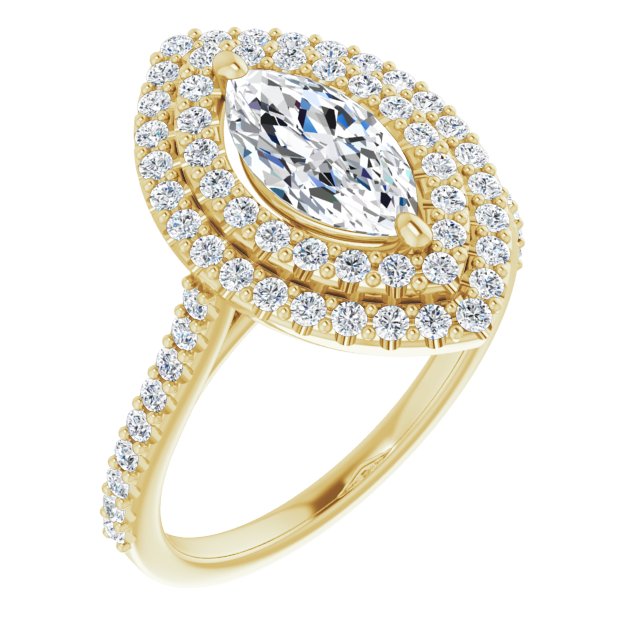 10K Yellow Gold Customizable Double-Halo Marquise Cut Design with Accented Split Band
