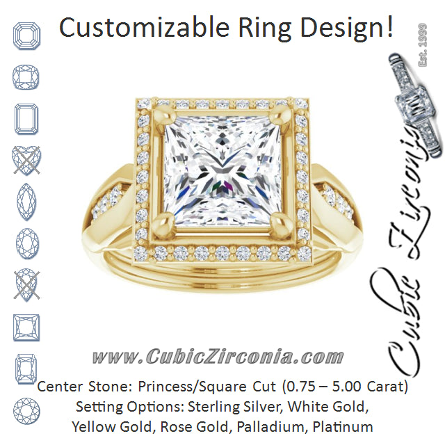 Cubic Zirconia Engagement Ring- The Ina Vaani (Customizable Cathedral-raised Princess/Square Cut Design with Halo and Tri-Cluster Band Accents)
