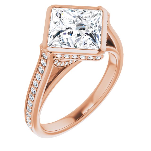 10K Rose Gold Customizable Cathedral-Bezel Princess/Square Cut Design with Under Halo and Shared Prong Band
