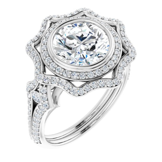 10K White Gold Customizable Round Cut Style with Ultra-wide Pavé Split-Band and Nature-Inspired Double Halo