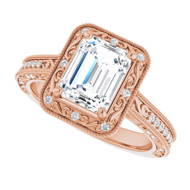 Cubic Zirconia Engagement Ring- The Eowyn (Customizable Vintage Artisan Radiant Cut Design with 3-Sided Filigree and Side Inlay Accent Enhancements)