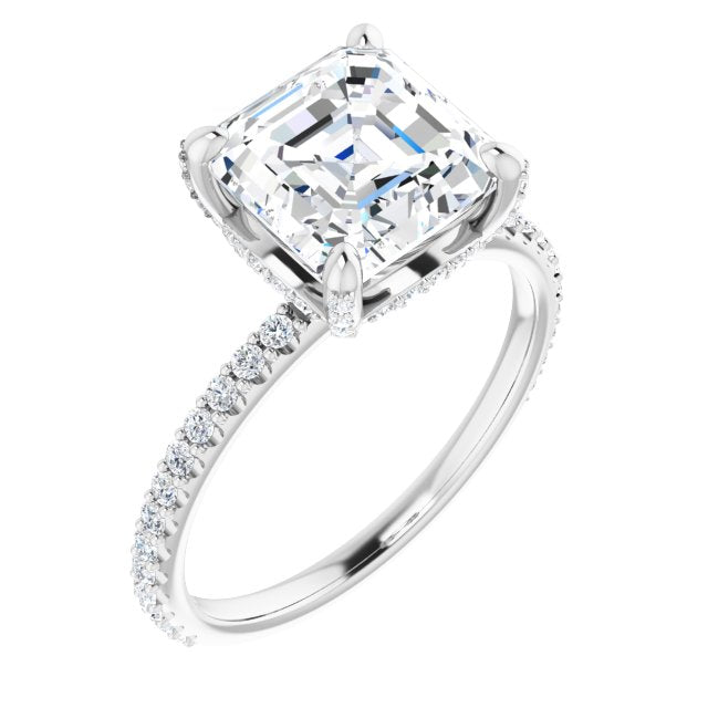 10K White Gold Customizable Asscher Cut Design with Round-Accented Band, Micropav? Under-Halo and Decorative Prong Accents)