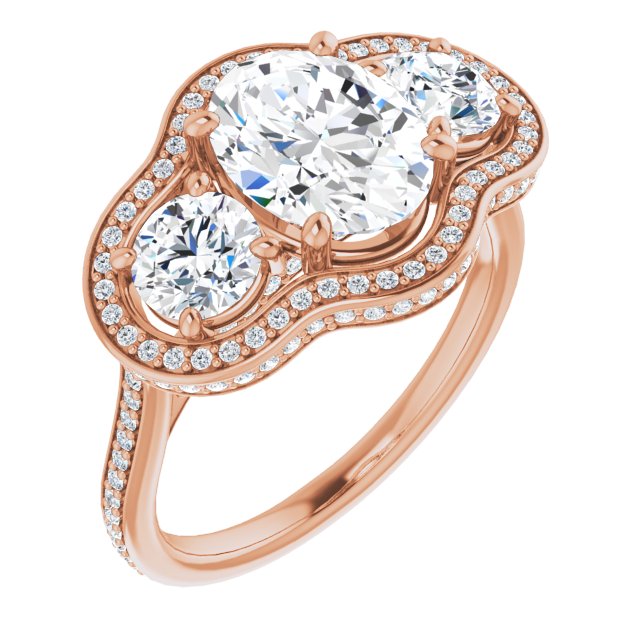 10K Rose Gold Customizable 3-stone Oval Cut Design with Multi-Halo Enhancement and 150+-stone Pavé Band