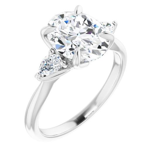 10K White Gold Customizable 3-stone Design with Oval Cut Center and Dual Large Pear Side Stones