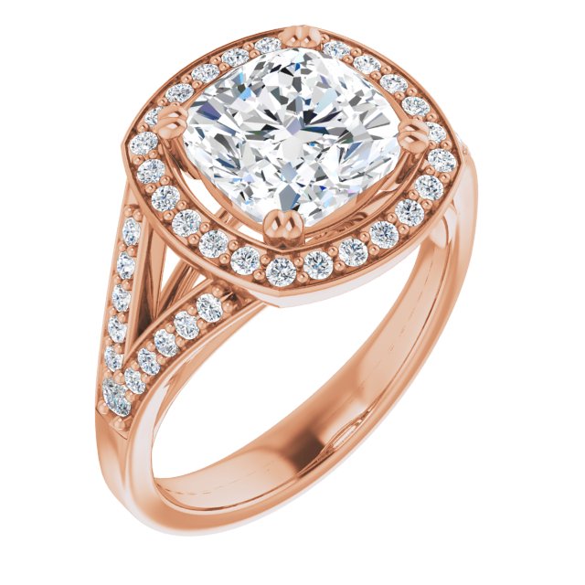 10K Rose Gold Customizable Cathedral-set Cushion Cut Style with Accented Split Band and Halo