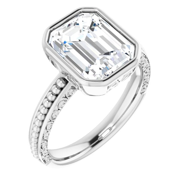 10K White Gold Customizable Bezel-set Emerald/Radiant Cut Solitaire with Beaded and Carved Three-sided Band