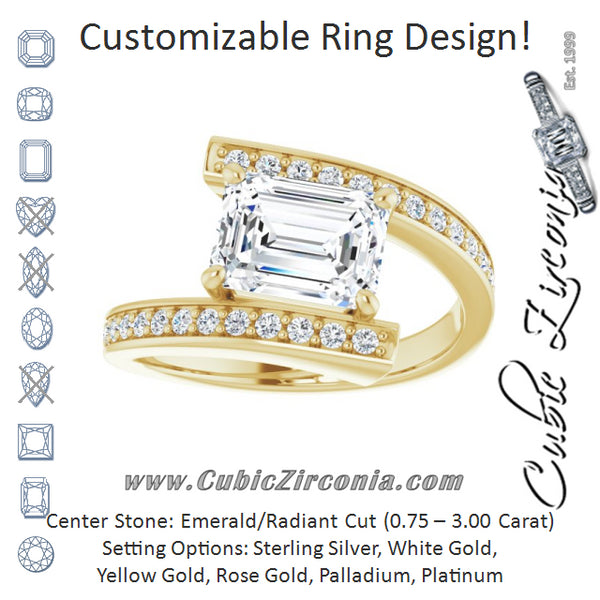 Cubic Zirconia Engagement Ring- The Nayeli (Customizable Faux-Bar-set Emerald Cut Design with Accented Bypass Band)