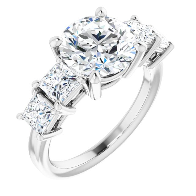 14K White Gold Customizable 5-stone Round Cut Style with Quad Princess-Cut Accents