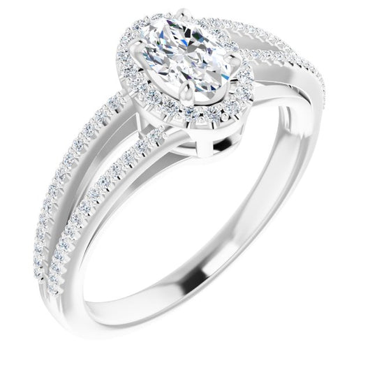 10K White Gold Customizable Oval Cut Vintage Design with Halo Style and Asymmetrical Split-Pavé Band