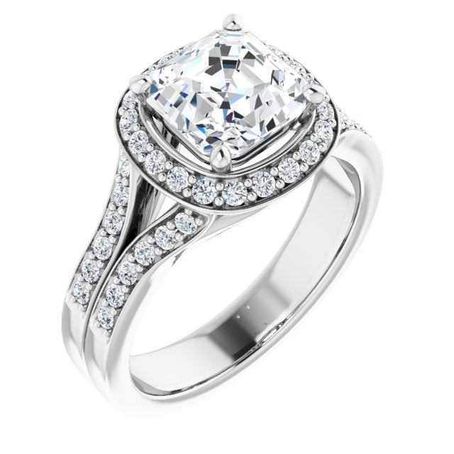 Cubic Zirconia Engagement Ring- The Ginny Lynn (Customizable Asscher Cut Halo Style with Accented Split-Band)