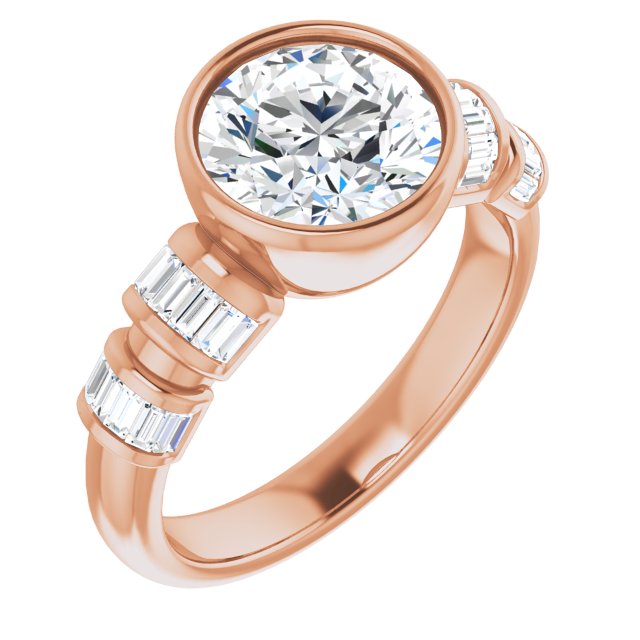18K Rose Gold Customizable Bezel-set Round Cut Design with Quad Horizontal Band Sleeves of Baguette Accents