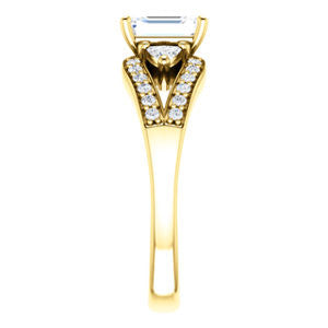 Cubic Zirconia Engagement Ring- The Karen (Customizable Enhanced 3-stone Design with Emerald Cut Center, Dual Trillion Accents and Wide Pavé-Split Band)