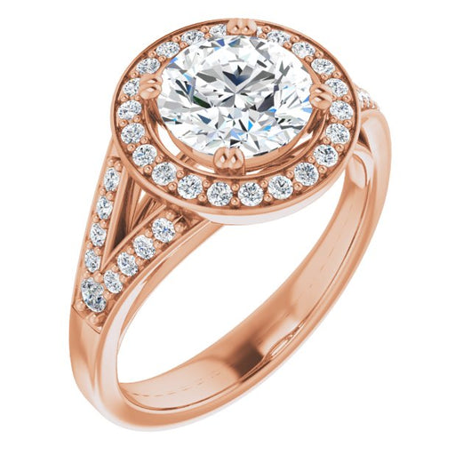 10K Rose Gold Customizable Cathedral-set Round Cut Style with Accented Split Band and Halo