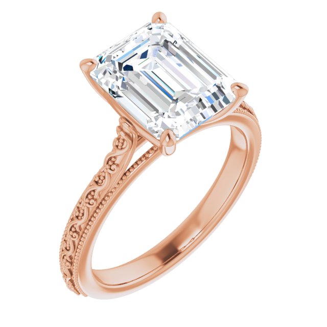 10K Rose Gold Customizable Emerald/Radiant Cut Solitaire with Delicate Milgrain Filigree Band