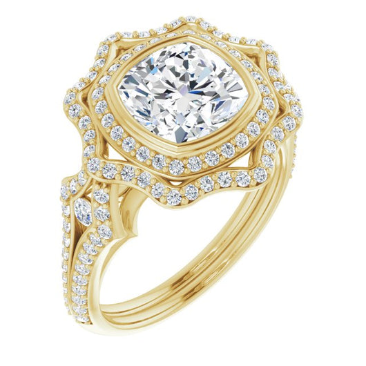 10K Yellow Gold Customizable Cushion Cut Style with Ultra-wide Pavé Split-Band and Nature-Inspired Double Halo
