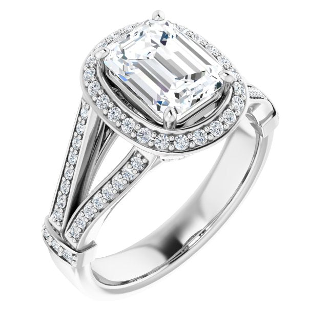 Cubic Zirconia Engagement Ring- The Cecelia  (Customizable Emerald Cut Setting with Halo, Under-Halo Trellis Accents and Accented Split Band)