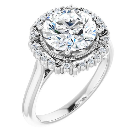 14K White Gold Customizable Round Cut Design with Majestic Crown Halo and Raised Illusion Setting