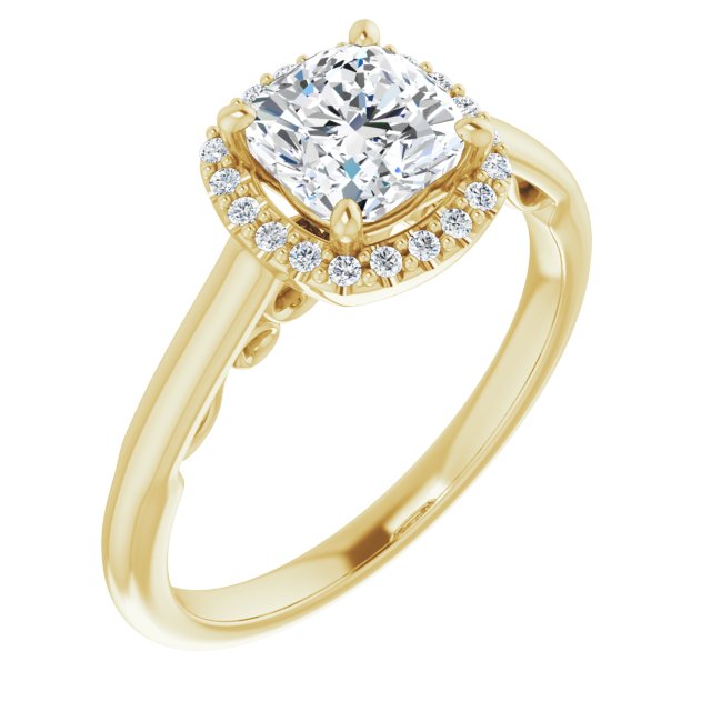 10K Yellow Gold Customizable Cathedral-Halo Cushion Cut Style featuring Sculptural Trellis