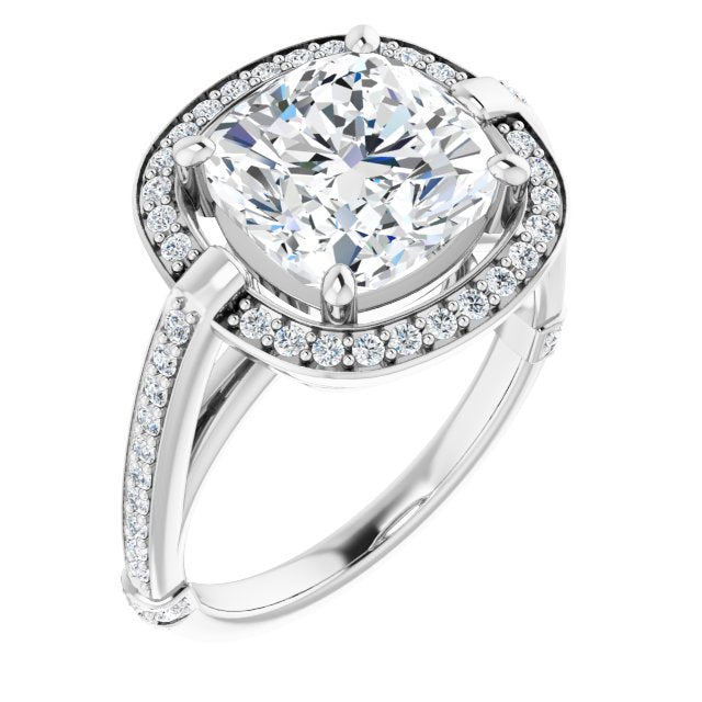 10K White Gold Customizable High-Cathedral Cushion Cut Design with Halo and Shared Prong Band