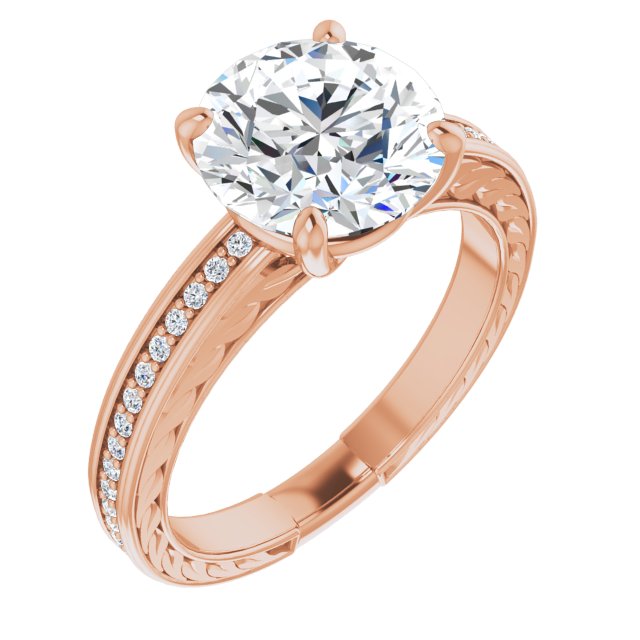 14K Rose Gold Customizable Round Cut Design with Rope-Filigree Hammered Inlay & Round Channel Accents