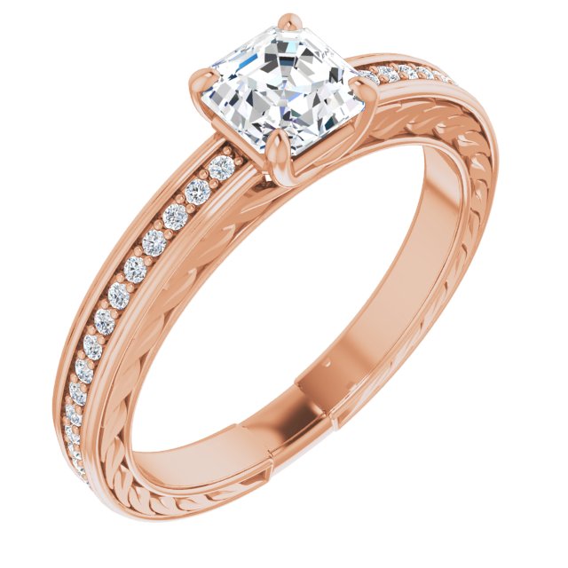 10K Rose Gold Customizable Asscher Cut Design with Rope-Filigree Hammered Inlay & Round Channel Accents