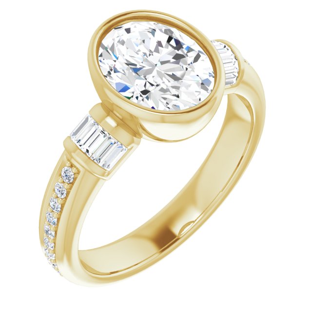 10K Yellow Gold Customizable Cathedral-Bezel Oval Cut Style with Horizontal Baguettes & Shared Prong Band