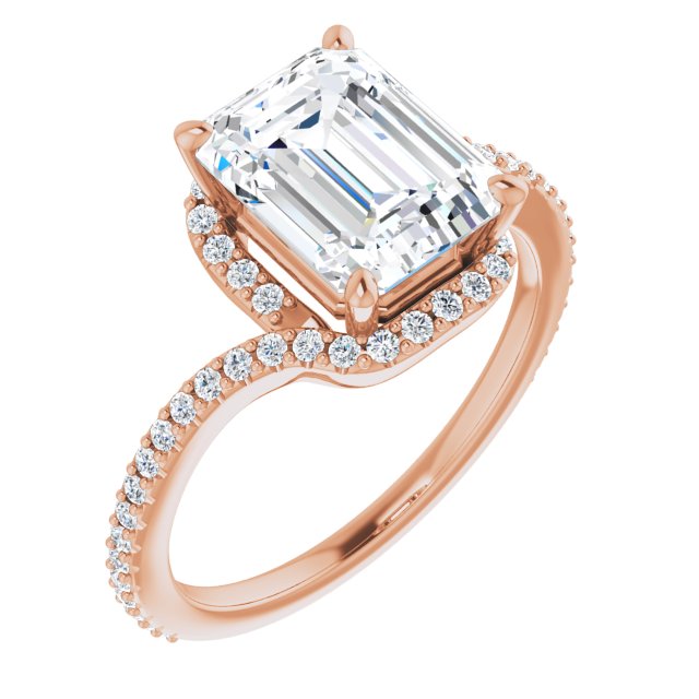 10K Rose Gold Customizable Artisan Emerald/Radiant Cut Design with Thin, Accented Bypass Band