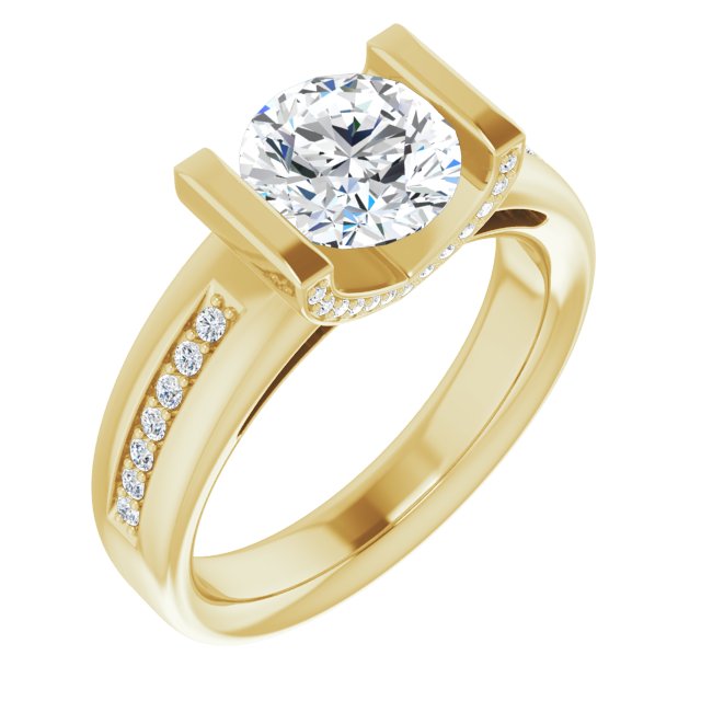 10K Yellow Gold Customizable Cathedral-Bar Round Cut Design featuring Shared Prong Band and Prong Accents