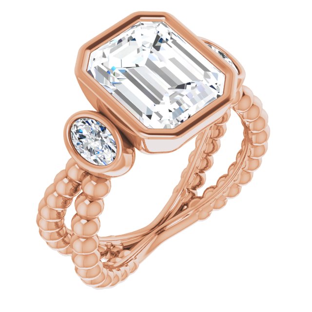10K Rose Gold Customizable 3-stone Emerald/Radiant Cut Design with 2 Oval Cut Side Stones and Wide, Bubble-Bead Split-Band