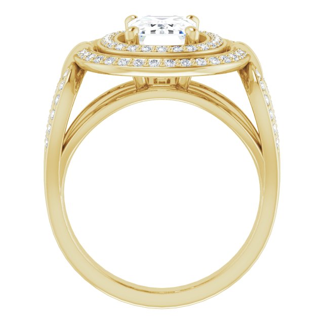 Cubic Zirconia Engagement Ring- The Daksha (Customizable Cathedral-set Emerald Cut Design with Double Halo & Accented Ultra-wide Horseshoe-inspired Split Band)