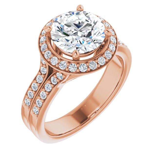 14K Rose Gold Customizable Round Cut Halo Style with Accented Split-Band