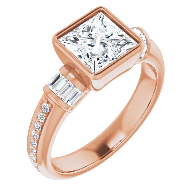 10K Rose Gold Customizable Cathedral-Bezel Princess/Square Cut Style with Horizontal Baguettes & Shared Prong Band
