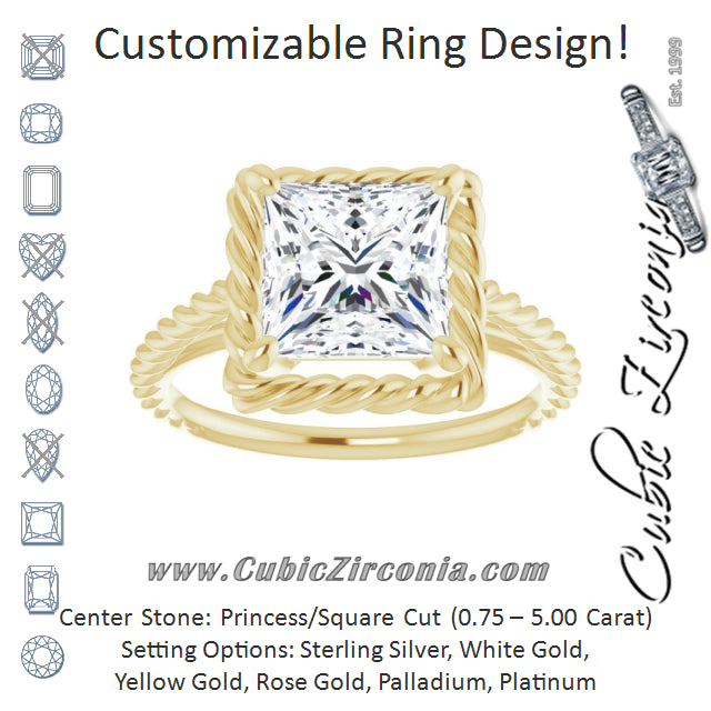 Cubic Zirconia Engagement Ring- The Carrington (Customizable Cathedral-set Princess/Square Cut Solitaire with Thin Rope-Twist Band)