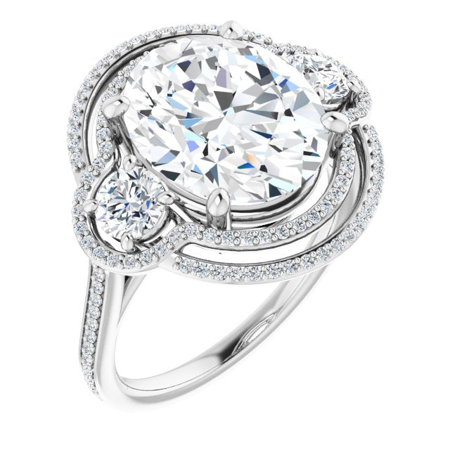 10K White Gold Customizable Enhanced 3-stone Double-Halo Style with Oval Cut Center and Thin Band
