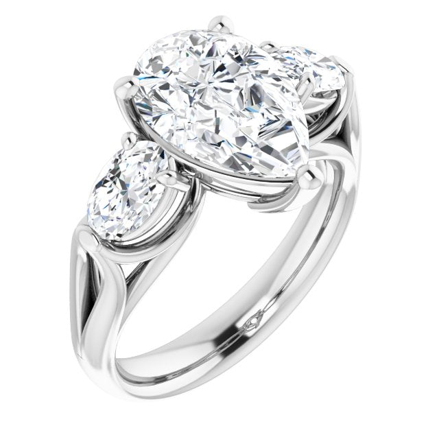 10K White Gold Customizable Cathedral-set 3-stone Pear Cut Style with Dual Oval Cut Accents & Wide Split Band