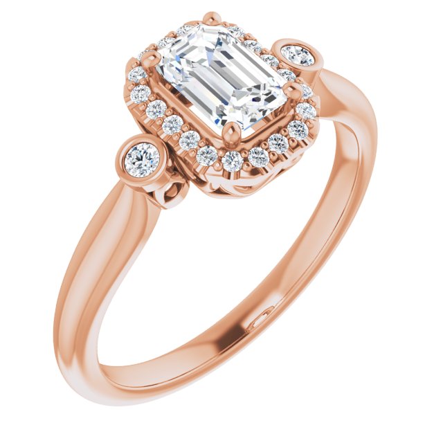 10K Rose Gold Customizable Emerald/Radiant Cut Style with Halo and Twin Round Bezel Accents