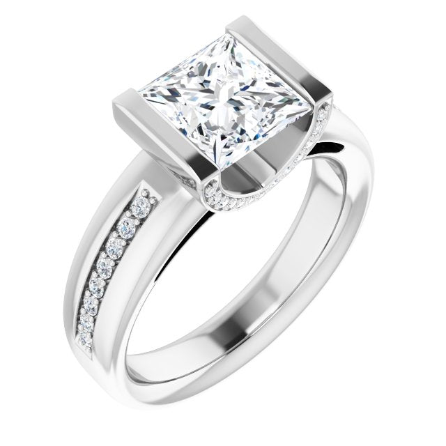 10K White Gold Customizable Cathedral-Bar Princess/Square Cut Design featuring Shared Prong Band and Prong Accents