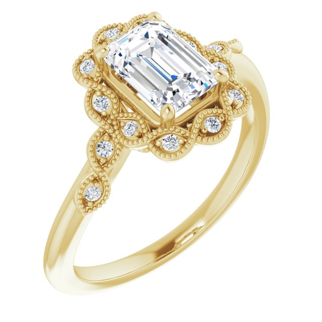 10K Yellow Gold Customizable 3-stone Design with Emerald/Radiant Cut Center and Halo Enhancement