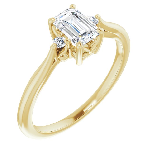 10K Yellow Gold Customizable Three-stone Emerald/Radiant Cut Design with Small Round Accents and Vintage Trellis/Basket