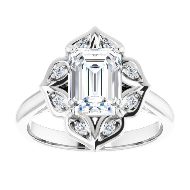 Cubic Zirconia Engagement Ring- The Neve (Customizable Cathedral-raised Emerald Cut Design with Star Halo & Round-Bezel Peekaboo Accents)