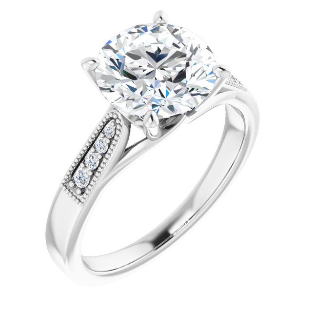 18K White Gold Customizable 9-stone Vintage Design with Round Cut Center and Round Band Accents