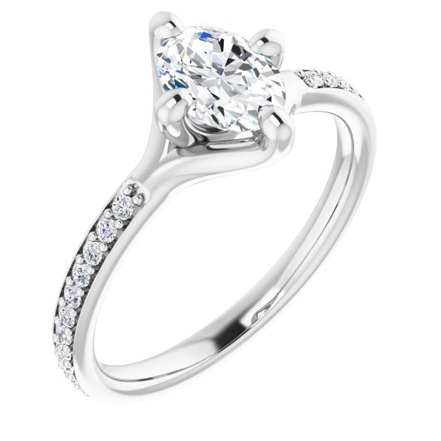 10K White Gold Customizable Oval Cut Design featuring Thin Band and Shared-Prong Round Accents