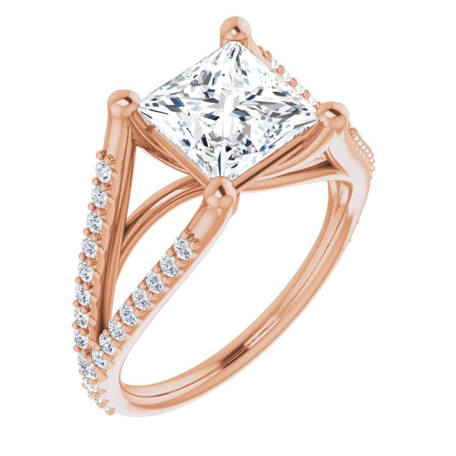 10K Rose Gold Customizable Cathedral-raised Princess/Square Cut Center with Exquisite Accented Split-band