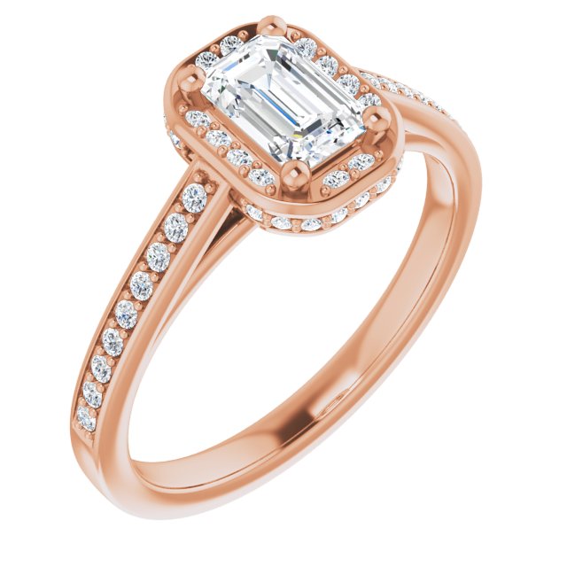 10K Rose Gold Customizable Cathedral-Halo Emerald/Radiant Cut Design with Under-halo & Shared Prong Band