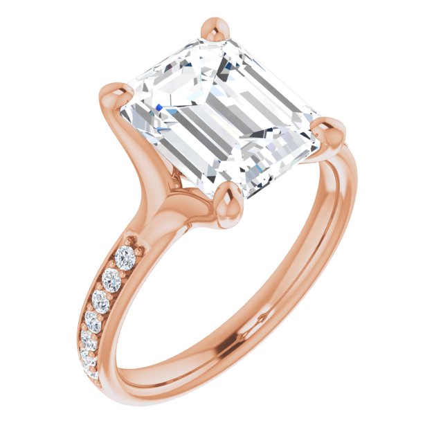 10K Rose Gold Customizable Heavy Prong-Set Emerald/Radiant Cut Style with Round Cut Band Accents