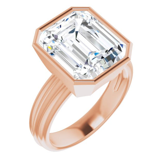 10K Rose Gold Customizable Bezel-set Emerald/Radiant Cut Solitaire with Grooved Band